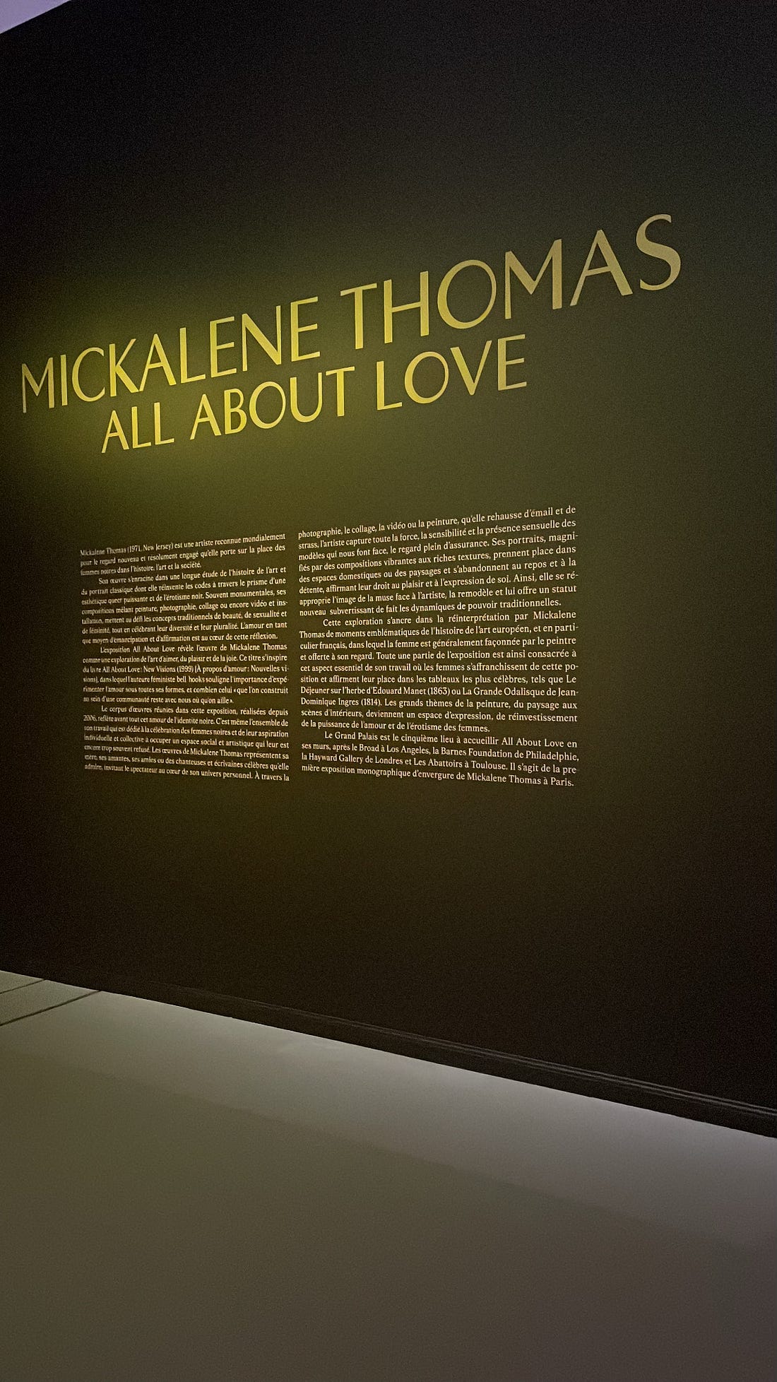 Mickalene Thomas — All About Love exhibition wall text at the Grand Palais
